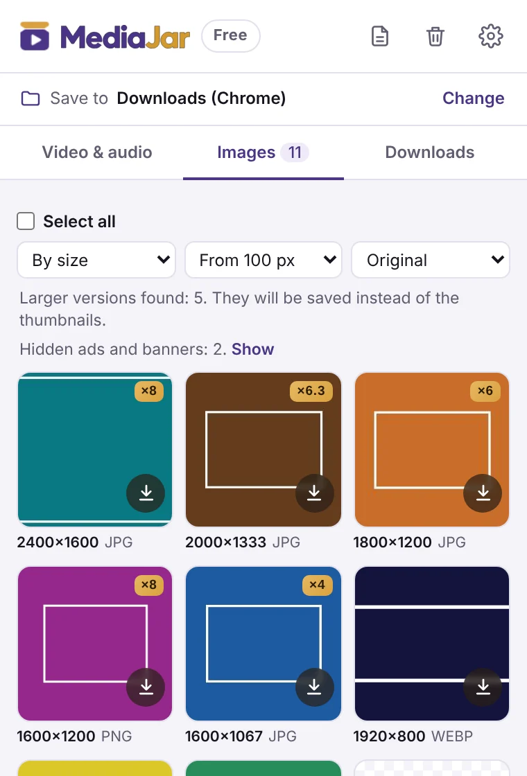 MediaJar Images tab: pictures with badges showing how much larger the saved originals are